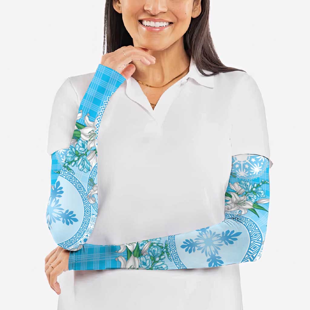 Hawaii Cyan Palaka Arm Sleeves With Tapa Pattern Tropical Flowers LT05 - Polynesian Pride