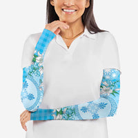 Hawaii Cyan Palaka Arm Sleeves With Tapa Pattern Tropical Flowers LT05 - Polynesian Pride