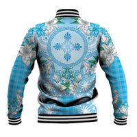 Hawaii Cyan Palaka Baseball Jacket With Tapa Pattern Tropical Flowers LT05 - Polynesian Pride