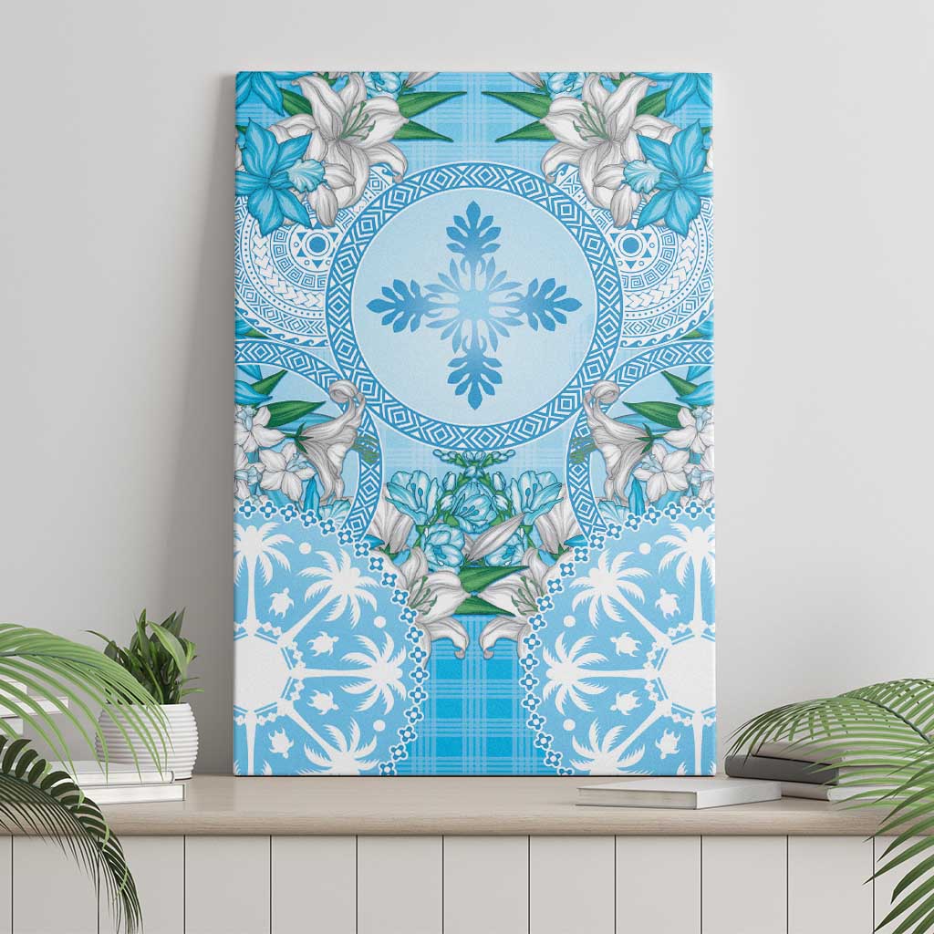 Hawaii Cyan Palaka Canvas Wall Art With Tapa Pattern Tropical Flowers LT05 - Polynesian Pride