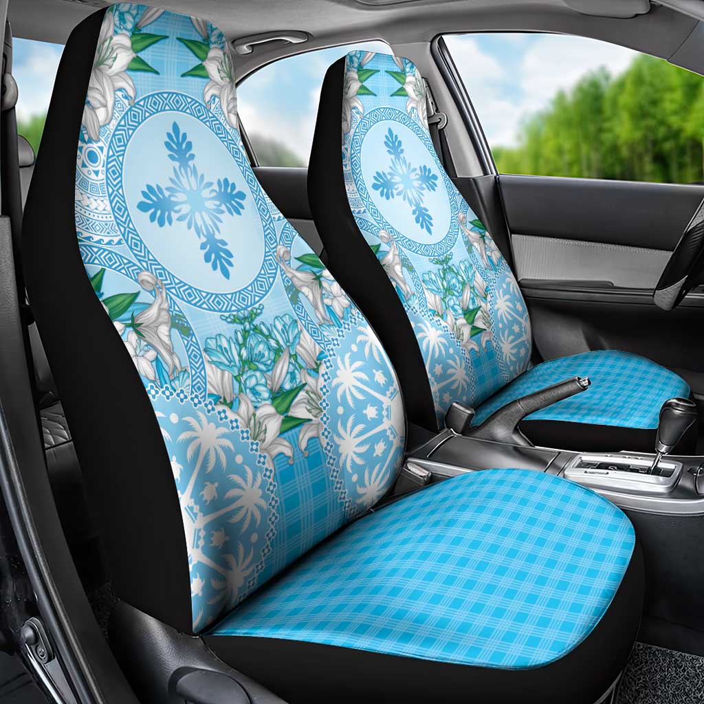Hawaii Cyan Palaka Car Seat Cover With Tapa Pattern Tropical Flowers LT05 - Polynesian Pride