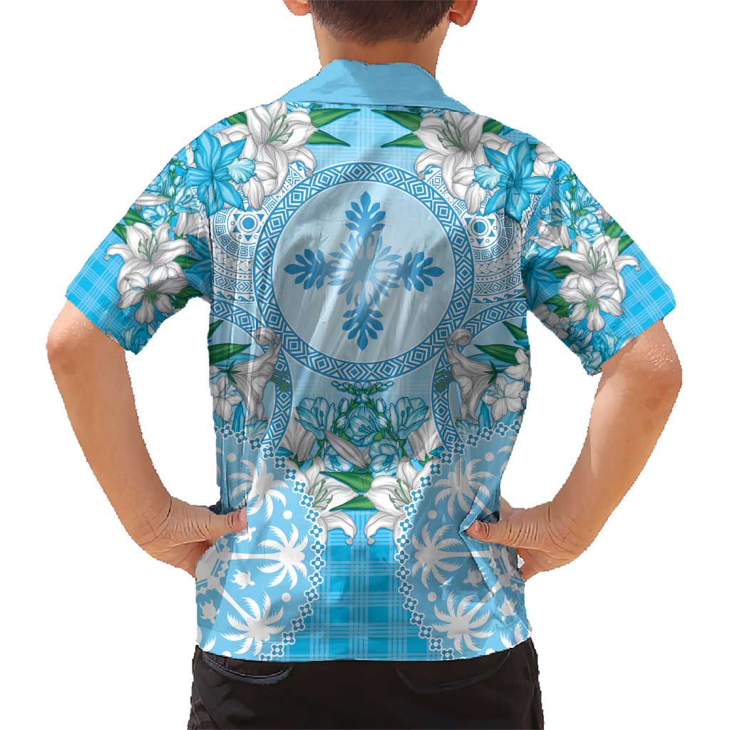 Hawaii Cyan Palaka Kid Hawaiian Shirt With Tapa Pattern Tropical Flowers LT05 - Polynesian Pride