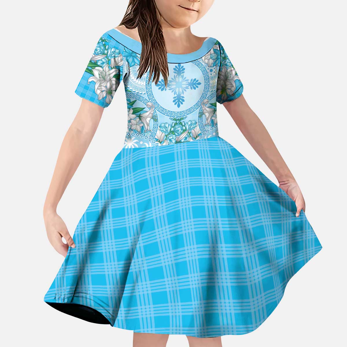 Hawaii Cyan Palaka Kid Short Sleeve Dress With Tapa Pattern Tropical Flowers LT05 KID Cyan - Polynesian Pride