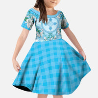 Hawaii Cyan Palaka Kid Short Sleeve Dress With Tapa Pattern Tropical Flowers LT05 KID Cyan - Polynesian Pride