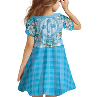 Hawaii Cyan Palaka Kid Short Sleeve Dress With Tapa Pattern Tropical Flowers LT05 - Polynesian Pride