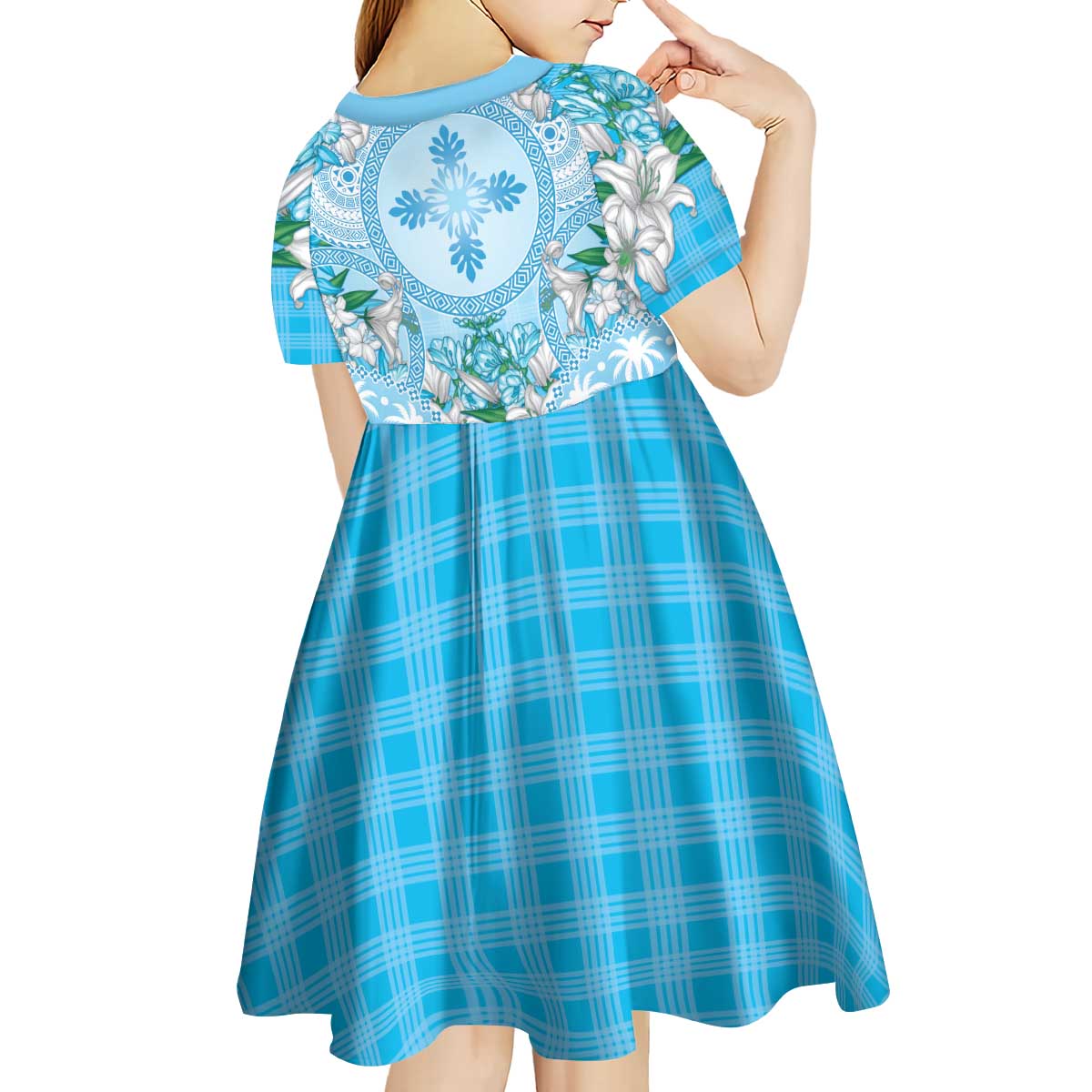 Hawaii Cyan Palaka Kid Short Sleeve Dress With Tapa Pattern Tropical Flowers LT05 - Polynesian Pride
