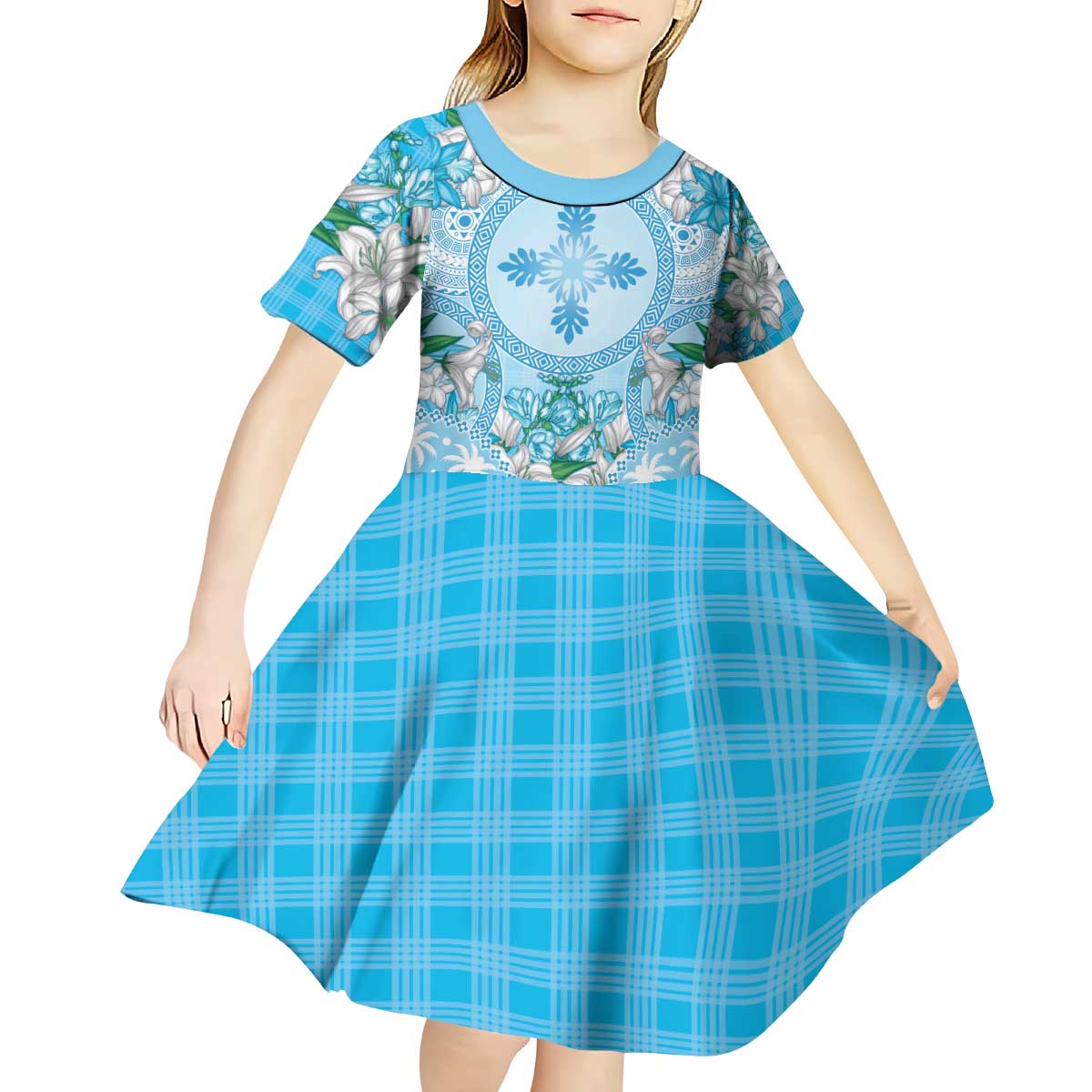 Hawaii Cyan Palaka Kid Short Sleeve Dress With Tapa Pattern Tropical Flowers LT05 - Polynesian Pride