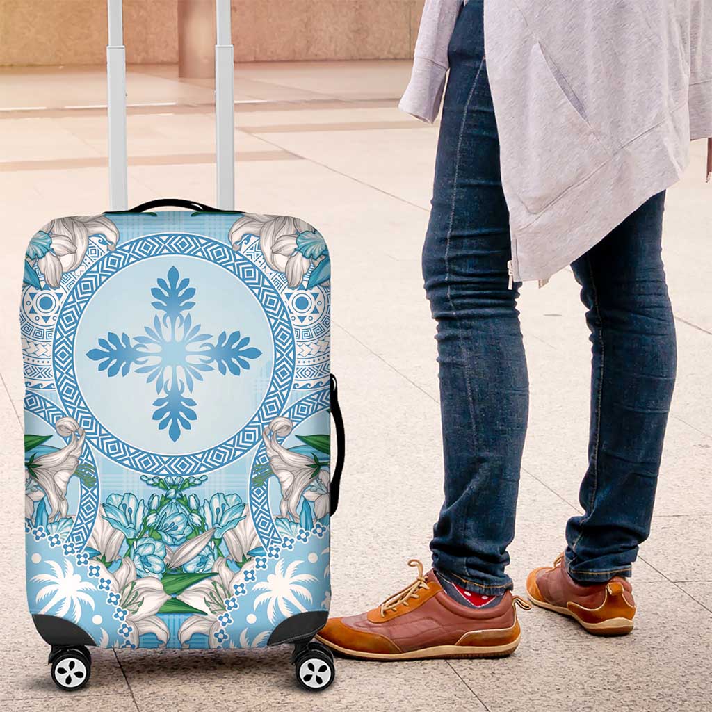 Hawaii Cyan Palaka Luggage Cover With Tapa Pattern Tropical Flowers LT05 Cyan - Polynesian Pride