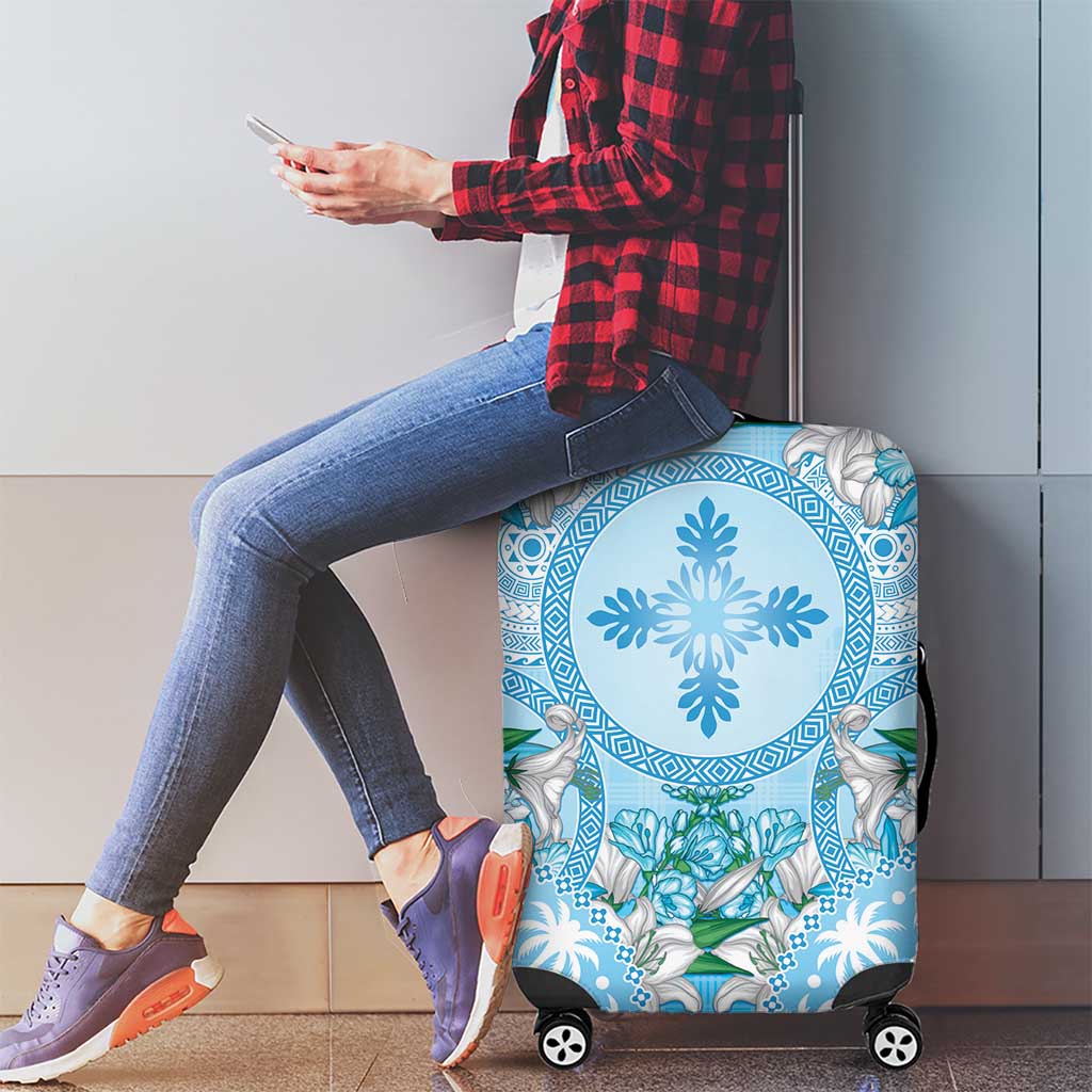 Hawaii Cyan Palaka Luggage Cover With Tapa Pattern Tropical Flowers LT05 - Polynesian Pride