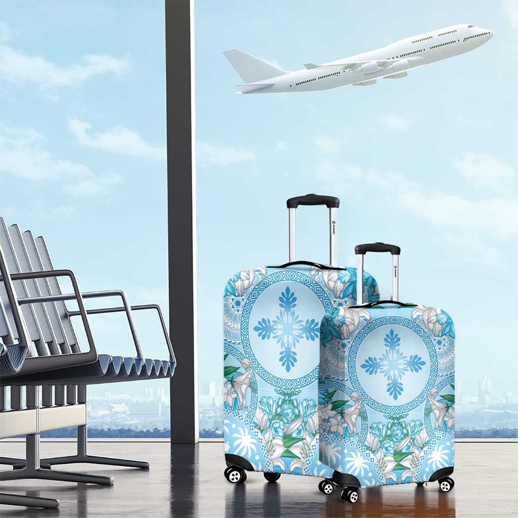 Hawaii Cyan Palaka Luggage Cover With Tapa Pattern Tropical Flowers LT05 - Polynesian Pride