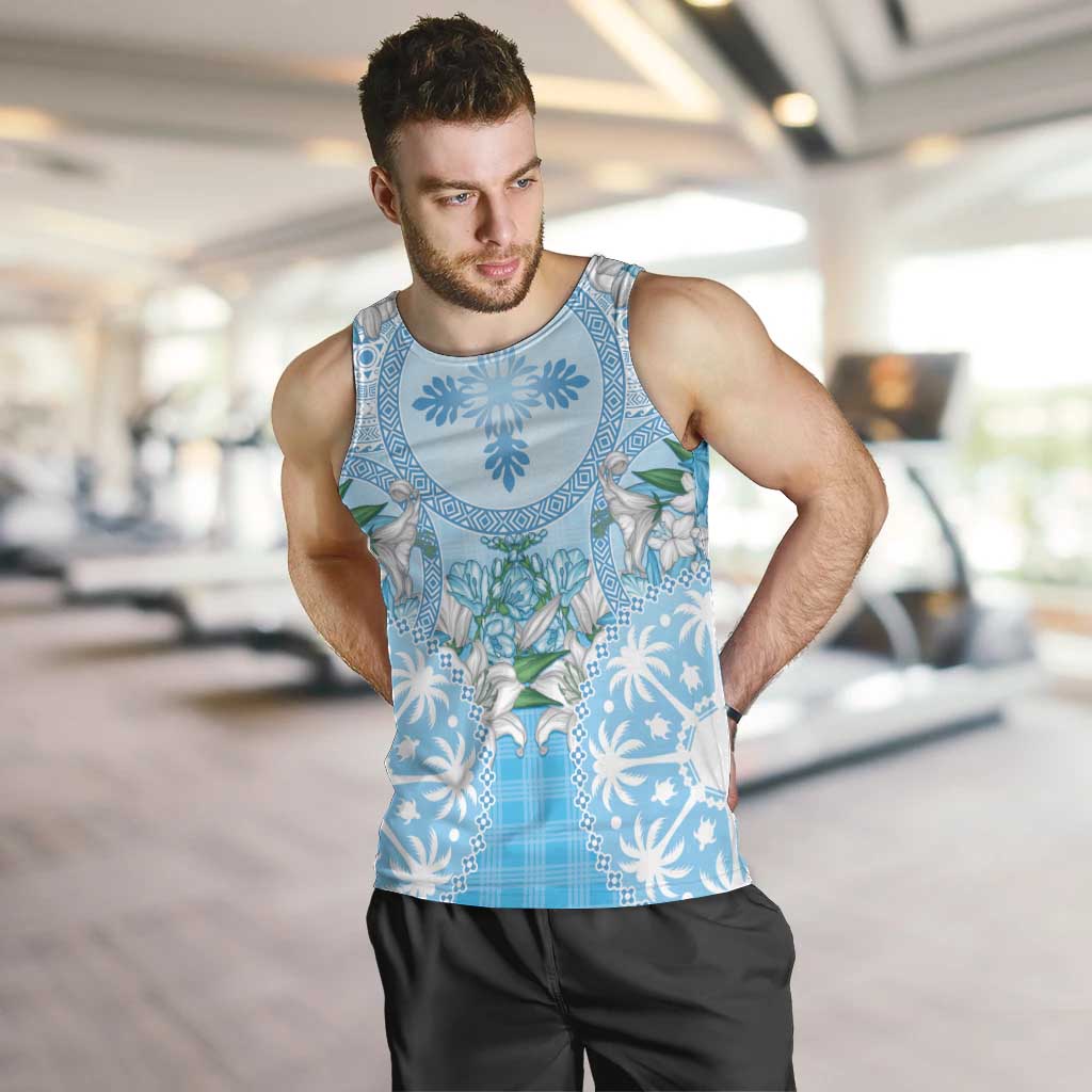 Hawaii Cyan Palaka Men Tank Top With Tapa Pattern Tropical Flowers LT05 Cyan - Polynesian Pride