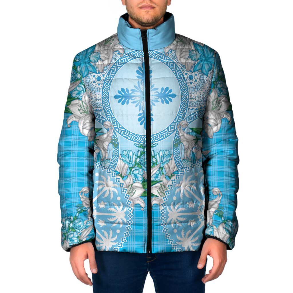 Hawaii Cyan Palaka Padded Jacket With Tapa Pattern Tropical Flowers LT05 Men Cyan - Polynesian Pride