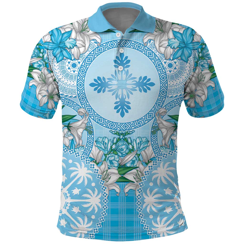 Hawaii Cyan Palaka Polo Shirt With Tapa Pattern Tropical Flowers LT05 Cyan - Polynesian Pride