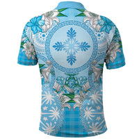 Hawaii Cyan Palaka Polo Shirt With Tapa Pattern Tropical Flowers LT05 - Polynesian Pride