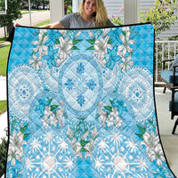Hawaii Cyan Palaka Quilt With Tapa Pattern Tropical Flowers LT05 Cyan - Polynesian Pride