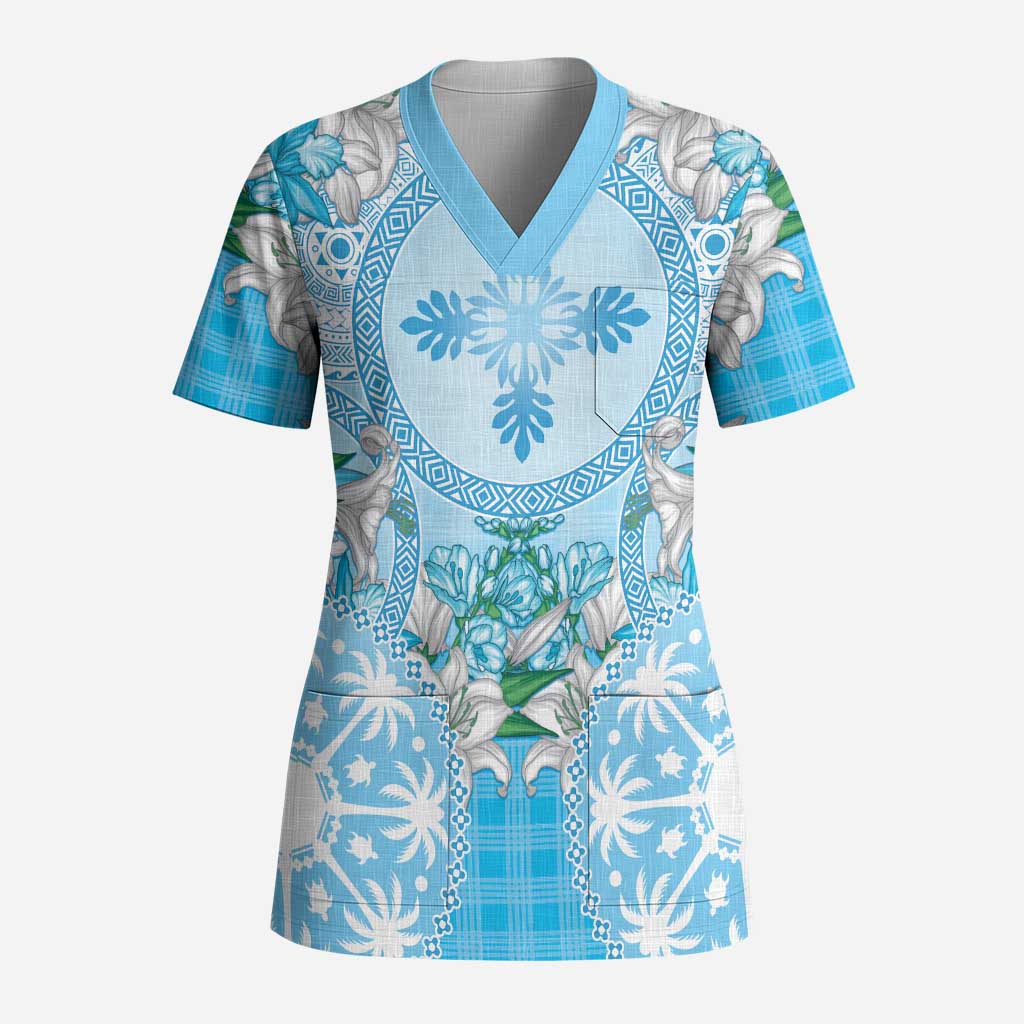 Hawaii Cyan Palaka Scrub Top With Tapa Pattern Tropical Flowers LT05 Adult Cyan - Polynesian Pride