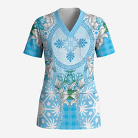 Hawaii Cyan Palaka Scrub Top With Tapa Pattern Tropical Flowers LT05 Adult Cyan - Polynesian Pride