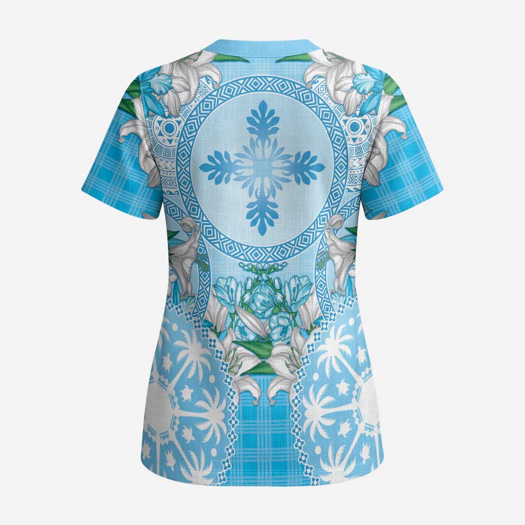 Hawaii Cyan Palaka Scrub Top With Tapa Pattern Tropical Flowers LT05 - Polynesian Pride