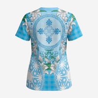 Hawaii Cyan Palaka Scrub Top With Tapa Pattern Tropical Flowers LT05 - Polynesian Pride