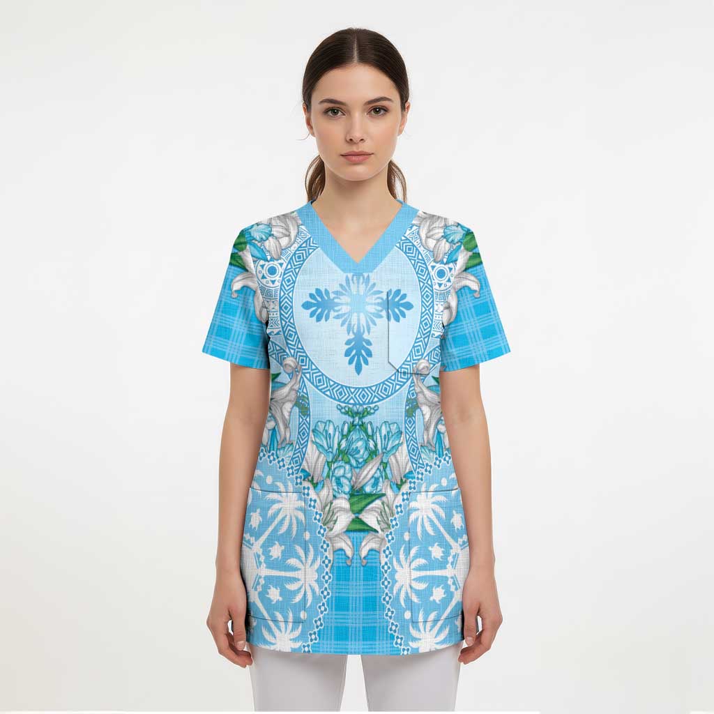 Hawaii Cyan Palaka Scrub Top With Tapa Pattern Tropical Flowers LT05 - Polynesian Pride