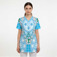 Hawaii Cyan Palaka Scrub Top With Tapa Pattern Tropical Flowers LT05 - Polynesian Pride
