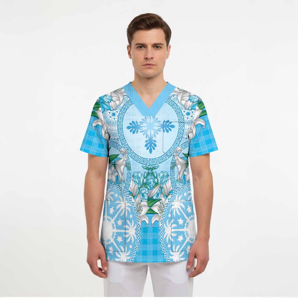 Hawaii Cyan Palaka Scrub Top With Tapa Pattern Tropical Flowers LT05 - Polynesian Pride