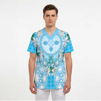 Hawaii Cyan Palaka Scrub Top With Tapa Pattern Tropical Flowers LT05 - Polynesian Pride