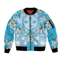 Hawaii Cyan Palaka Sleeve Zip Bomber Jacket With Tapa Pattern Tropical Flowers LT05 Unisex Cyan - Polynesian Pride