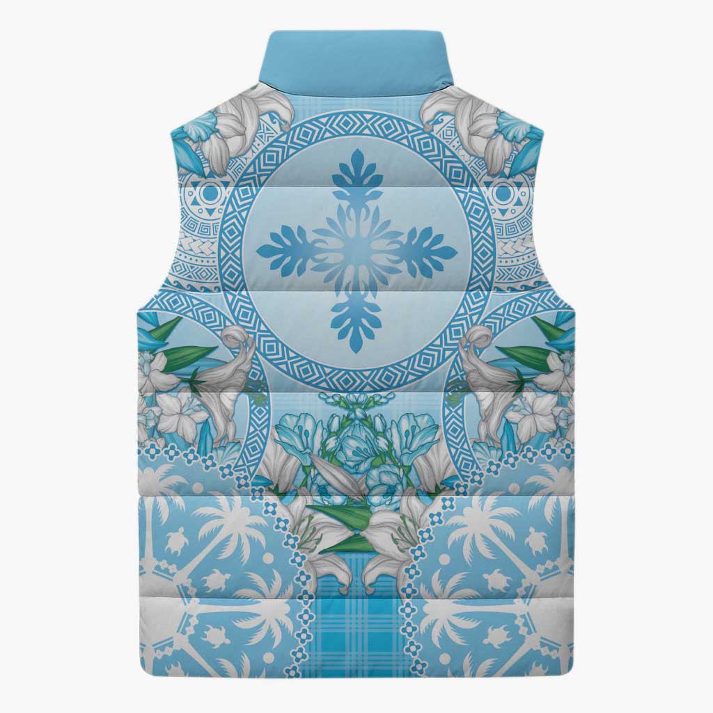 Hawaii Cyan Palaka Sleeveless Puffer Jacket With Tapa Pattern Tropical Flowers LT05 - Polynesian Pride