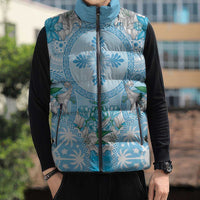 Hawaii Cyan Palaka Sleeveless Puffer Jacket With Tapa Pattern Tropical Flowers LT05 - Polynesian Pride