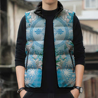 Hawaii Cyan Palaka Sleeveless Puffer Jacket With Tapa Pattern Tropical Flowers LT05 - Polynesian Pride