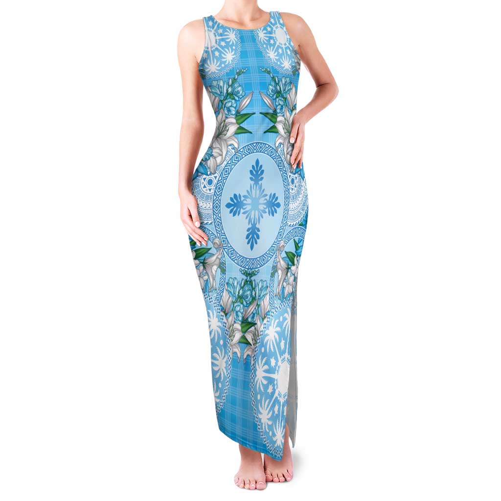 Hawaii Cyan Palaka Tank Maxi Dress With Tapa Pattern Tropical Flowers LT05 Women Cyan - Polynesian Pride