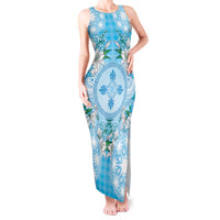 Hawaii Cyan Palaka Tank Maxi Dress With Tapa Pattern Tropical Flowers LT05 Women Cyan - Polynesian Pride
