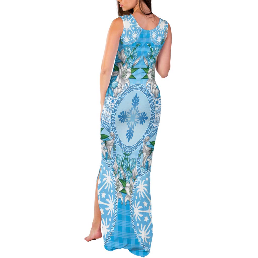 Hawaii Cyan Palaka Tank Maxi Dress With Tapa Pattern Tropical Flowers LT05 - Polynesian Pride