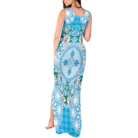 Hawaii Cyan Palaka Tank Maxi Dress With Tapa Pattern Tropical Flowers LT05 - Polynesian Pride