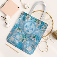 Hawaii Cyan Palaka Tote Bag With Tapa Pattern Tropical Flowers LT05 White Strap One Size Cyan - Polynesian Pride