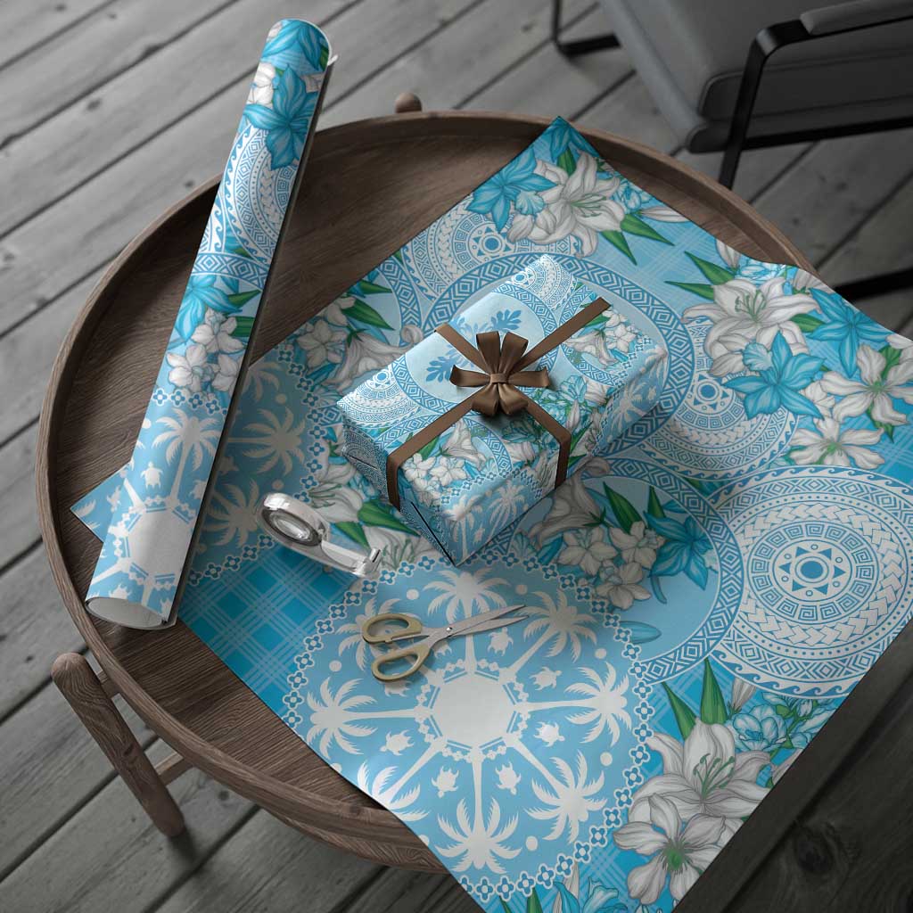 Hawaii Cyan Palaka Wrapping Paper With Tapa Pattern Tropical Flowers LT05 - Polynesian Pride