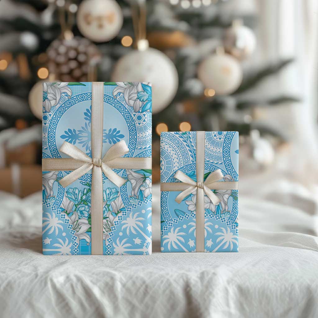 Hawaii Cyan Palaka Wrapping Paper With Tapa Pattern Tropical Flowers LT05 - Polynesian Pride