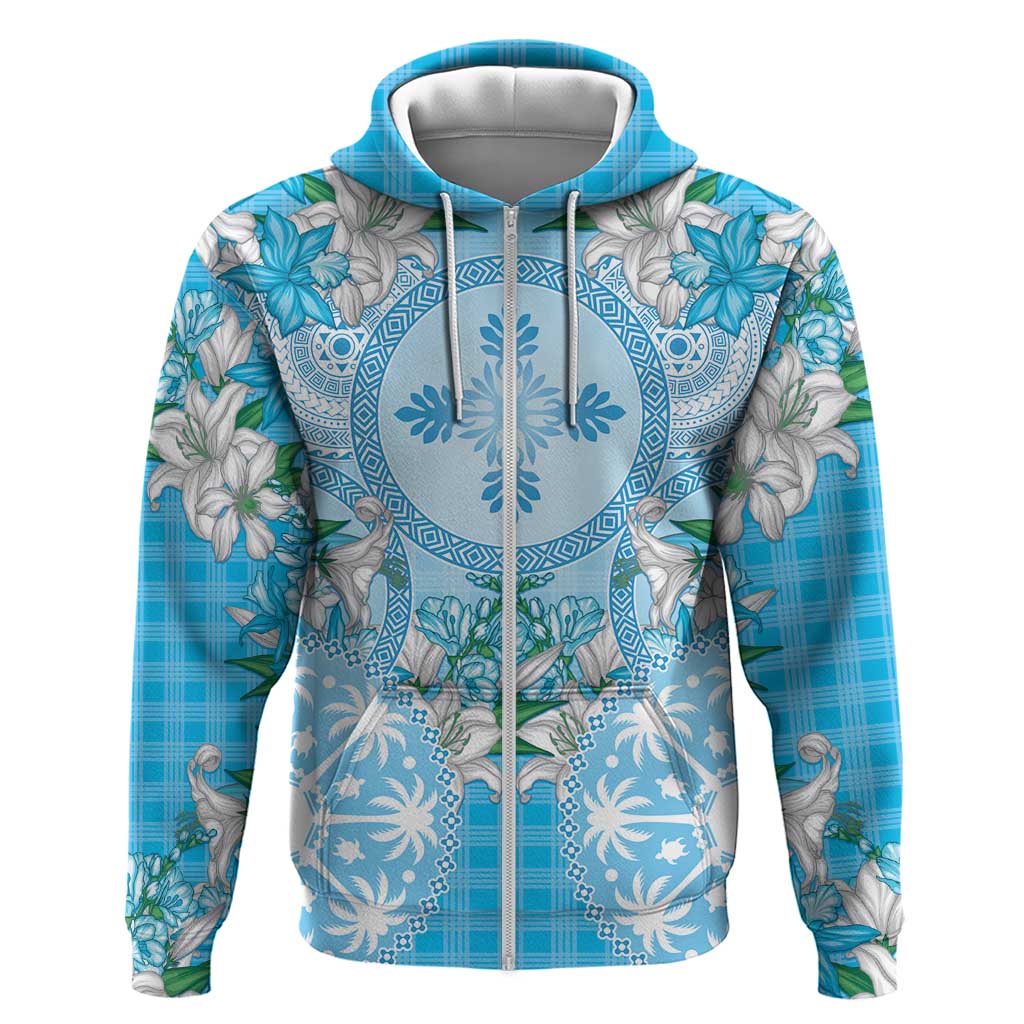 Hawaii Cyan Palaka Zip Hoodie With Tapa Pattern Tropical Flowers LT05 Zip Hoodie Cyan - Polynesian Pride