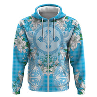Hawaii Cyan Palaka Zip Hoodie With Tapa Pattern Tropical Flowers LT05 Zip Hoodie Cyan - Polynesian Pride