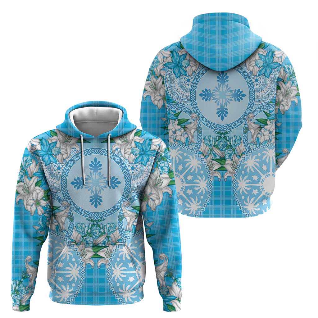 Hawaii Cyan Palaka Zip Hoodie With Tapa Pattern Tropical Flowers LT05 - Polynesian Pride