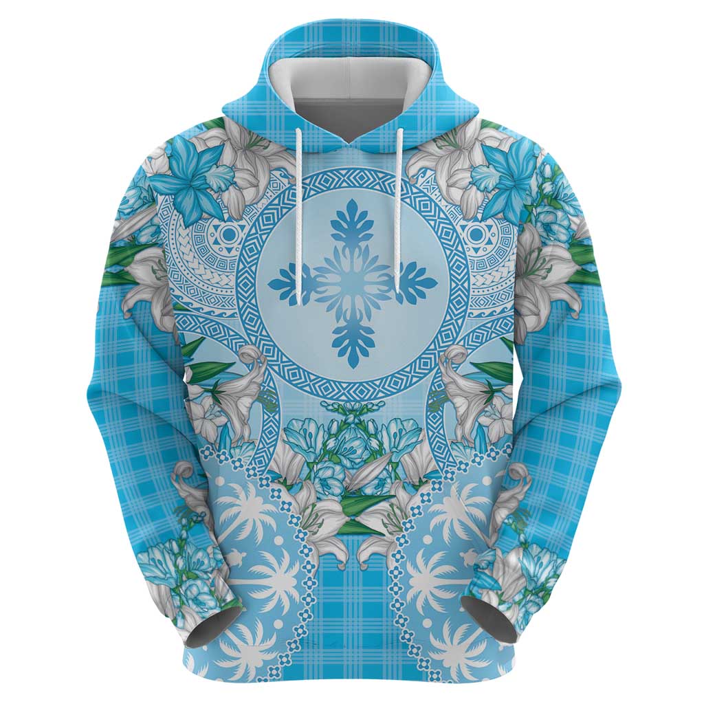 Hawaii Cyan Palaka Zip Hoodie With Tapa Pattern Tropical Flowers LT05 - Polynesian Pride