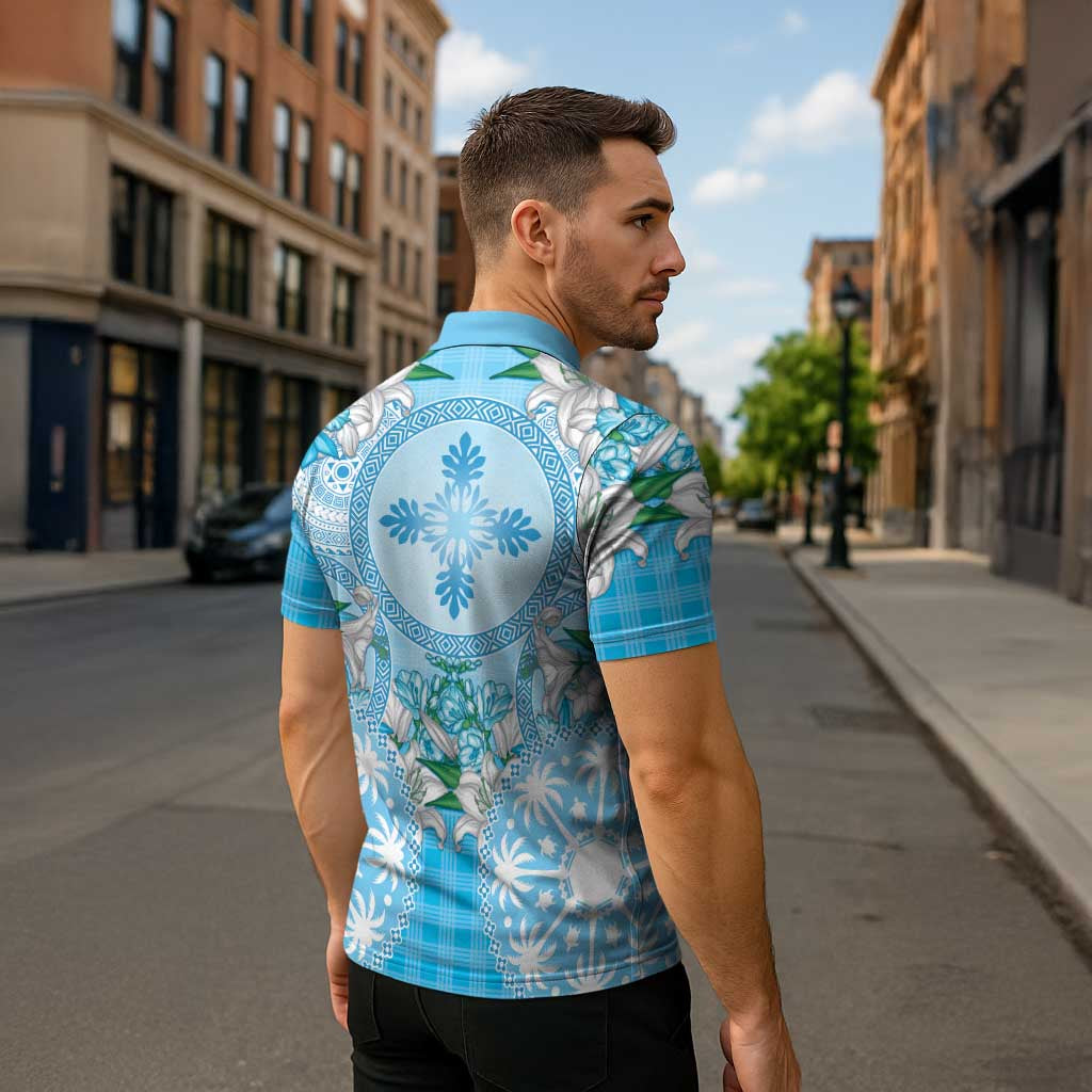 Hawaii Cyan Palaka Zipper Polo Shirt With Tapa Pattern Tropical Flowers LT05 - Polynesian Pride