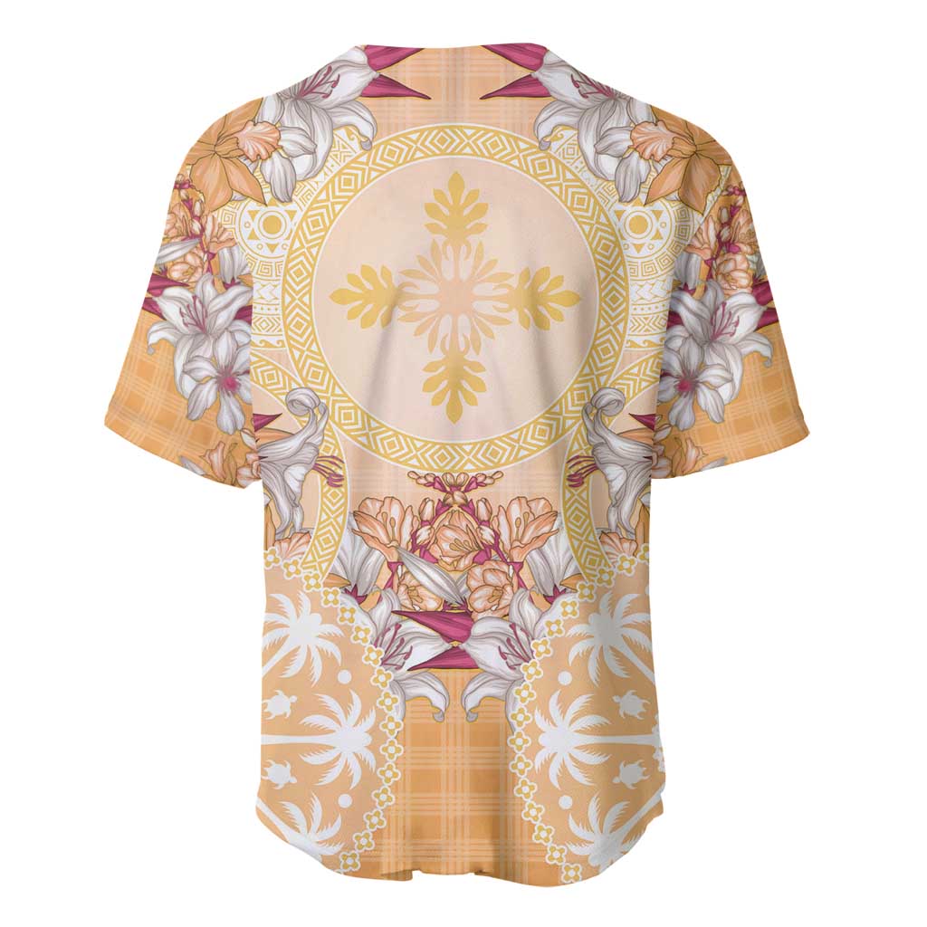 Hawaii Peach Palaka Baseball Jersey With Tapa Pattern Tropical Flowers LT05 - Polynesian Pride