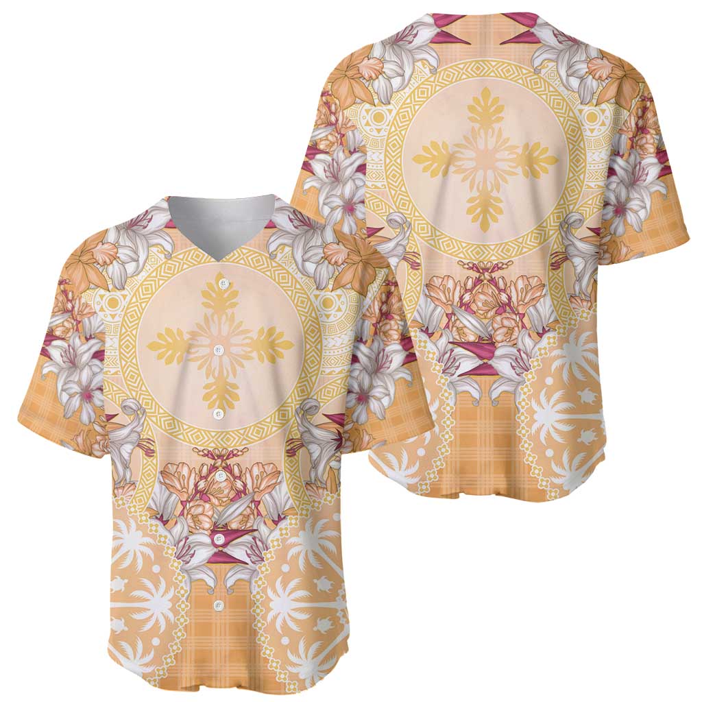 Hawaii Peach Palaka Baseball Jersey With Tapa Pattern Tropical Flowers LT05 - Polynesian Pride