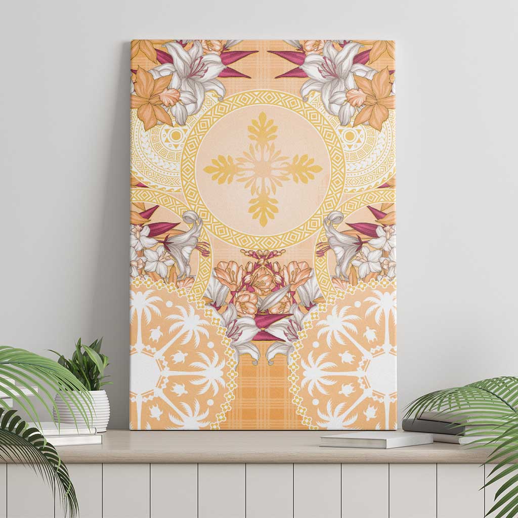 Hawaii Peach Palaka Canvas Wall Art With Tapa Pattern Tropical Flowers LT05 - Polynesian Pride