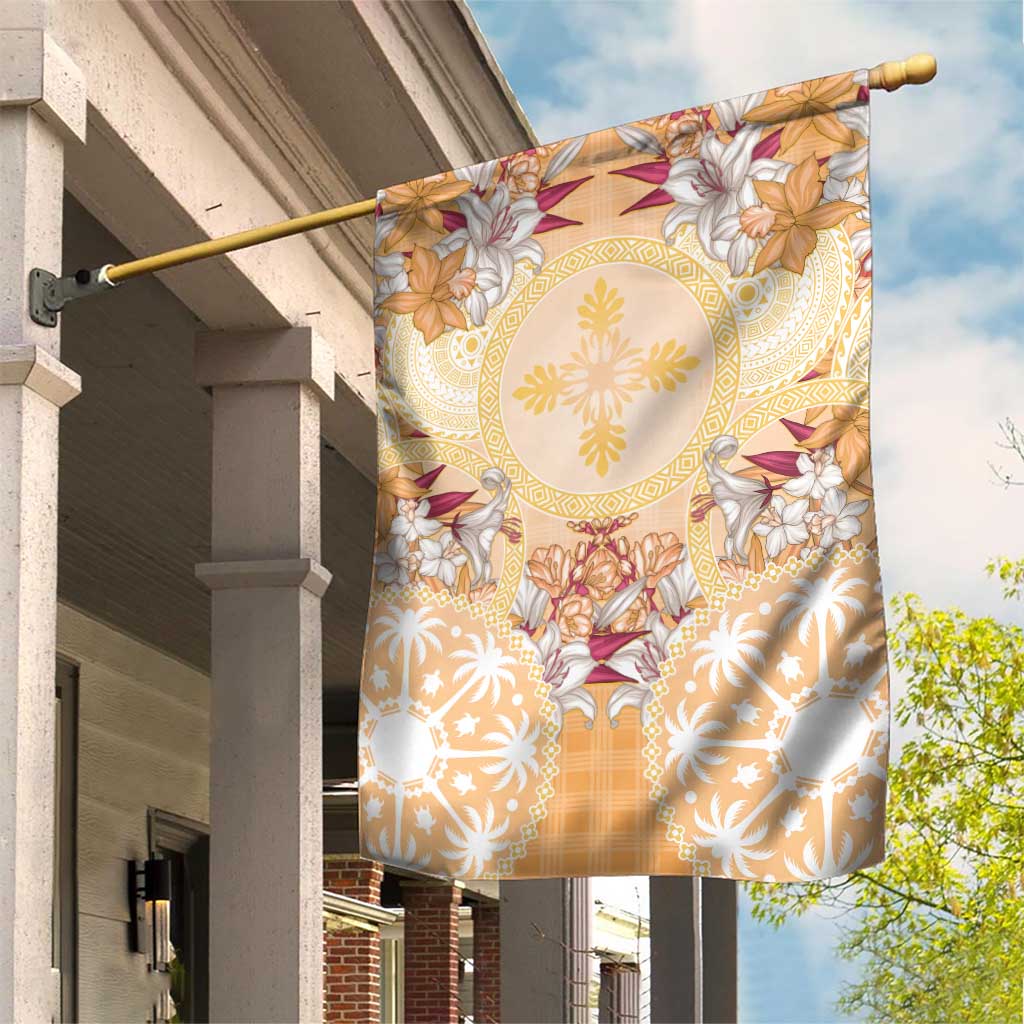 Hawaii Peach Palaka Garden Flag With Tapa Pattern Tropical Flowers LT05 House Flag Peach - Polynesian Pride