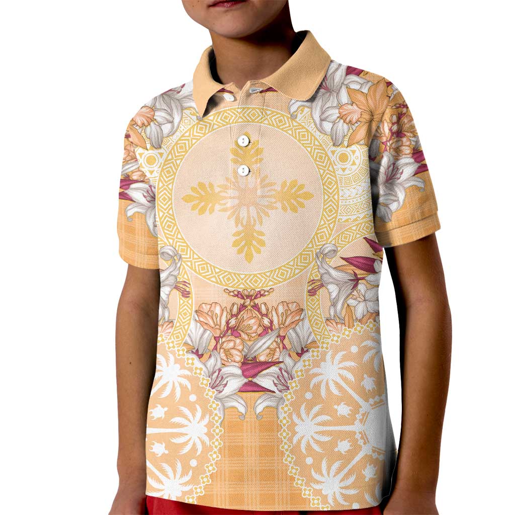 Hawaii Peach Palaka Kid Polo Shirt With Tapa Pattern Tropical Flowers LT05 Kid Peach - Polynesian Pride