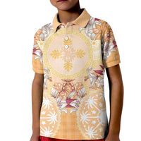 Hawaii Peach Palaka Kid Polo Shirt With Tapa Pattern Tropical Flowers LT05 Kid Peach - Polynesian Pride