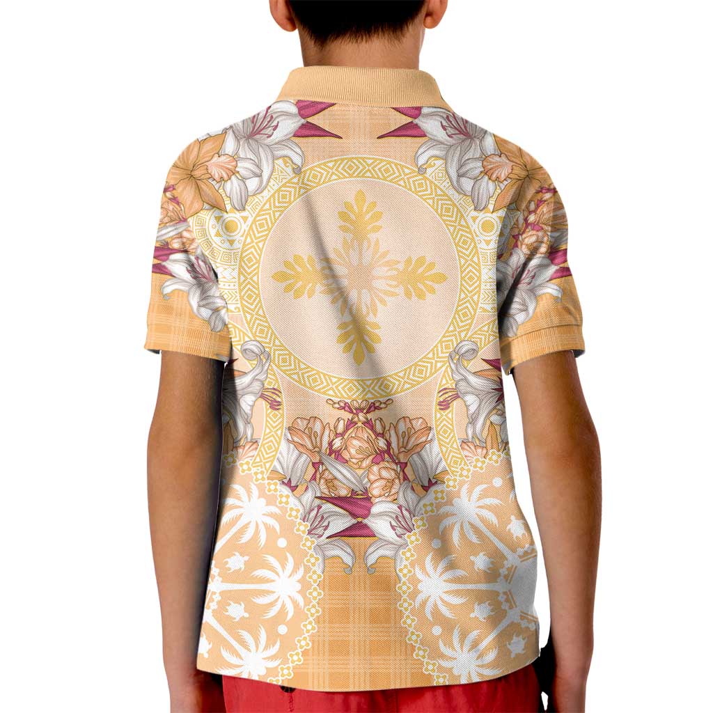 Hawaii Peach Palaka Kid Polo Shirt With Tapa Pattern Tropical Flowers LT05 - Polynesian Pride